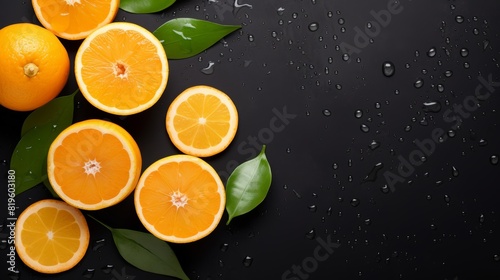 top view of orange fruit and water drops on black background looks fresh
