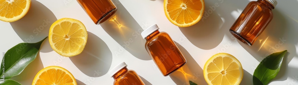 Vitamin bottles on a plain white background with soft shadows Vitamin bottles on a plain white background with soft shadows