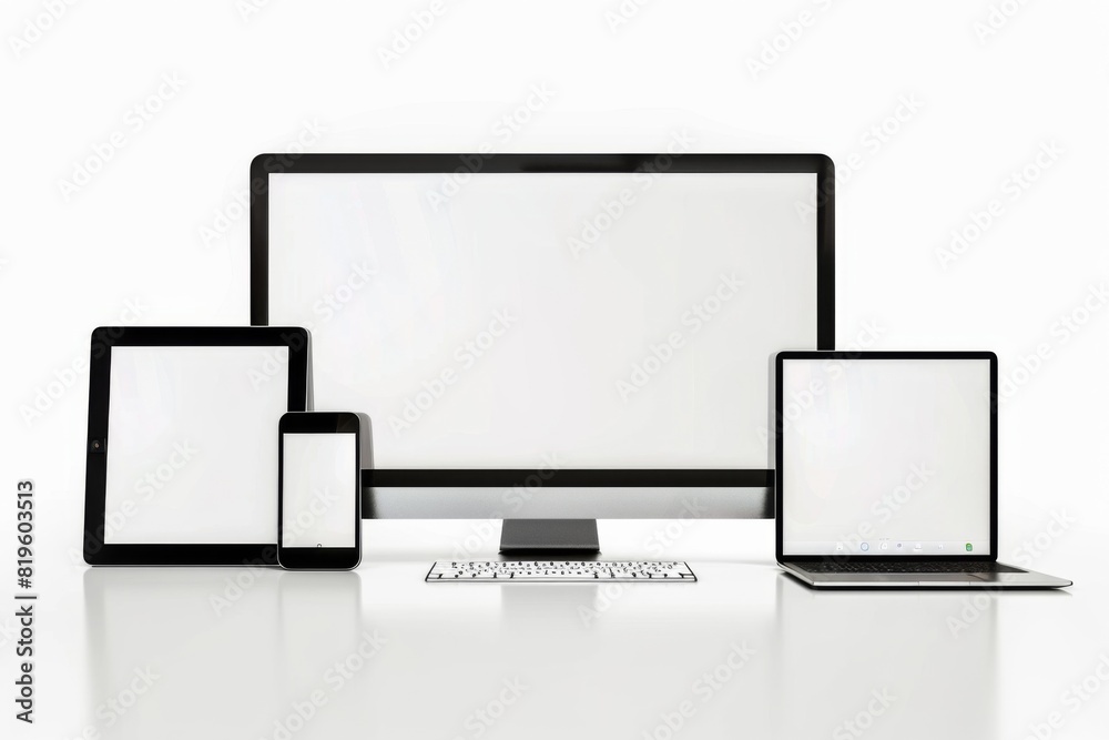 Mockup of computer, laptop, monitor and tablet created with generative ai Mockup of computer, laptop, monitor and tablet created with generative ai