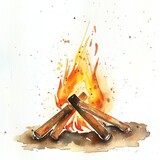 Minimalistic watercolor of a campfire on a white background, cute and comical.