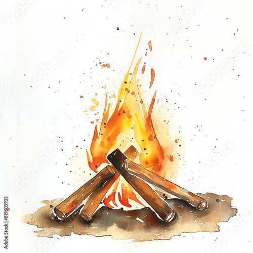 Minimalistic watercolor of a campfire on a white background, cute and comical. photo
