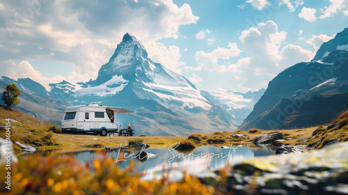 Silver Nomads Seniors' Soulful Escapes Camping Amid Zermatt's Stunning Matterhorn Scenery Stockphoto with copy space photo