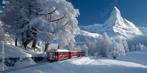 Snowy Symphony Zermatt's Matterhorn Blanketed in White, a Train Ride to Wonderland Stockphoto with copy space