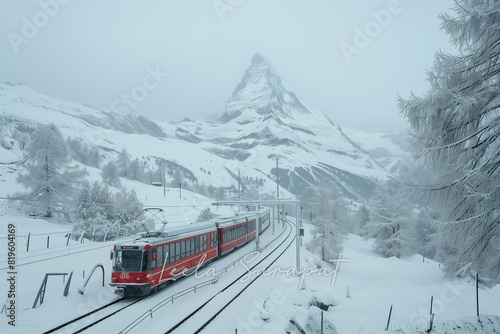 Winter Wonder Journeying Through Zermatt's Snowy Vistas via the Iconic Matterhorn Train. Stockphoto with copy space
