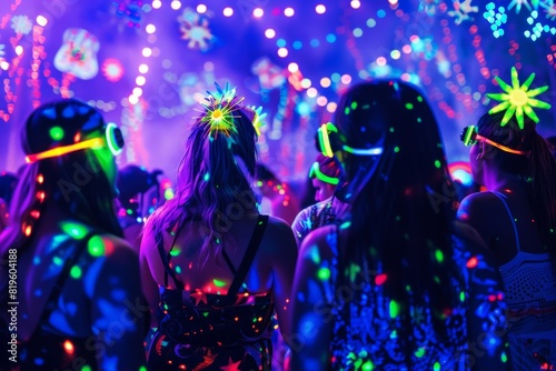 A vibrant scene of festival-goers wearing glow-in-the-dark accessories and dancing to electronic music, with laser lights cutting through the night.