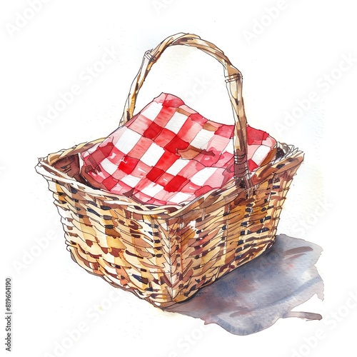 Minimalistic watercolor of a picnic basket on a white background, cute and comical.