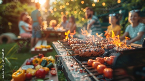 A group of people are gathered around a barbecue grill, cooking food photo