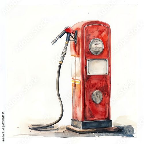 Minimalistic watercolor of a gas station pump on a white background, cute and comical.