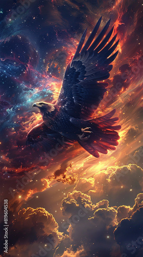 A magnificent eagle soaring above a brilliantly colored cosmos full of stars and clouds. © ikkilostd