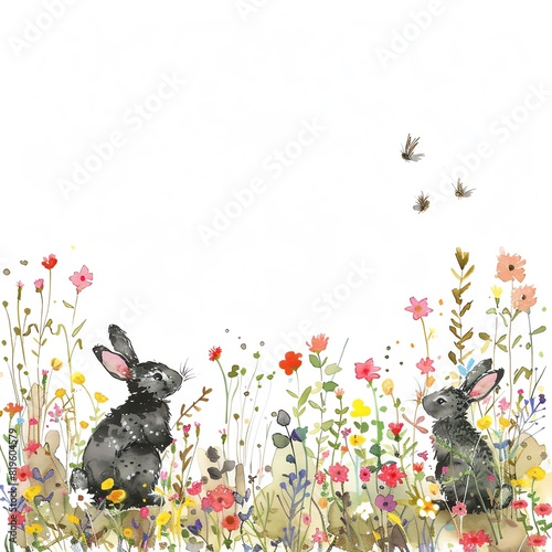 Minimalistic watercolor of a lively meadow with rabbits and wildflowers on a white background, cute and comical.