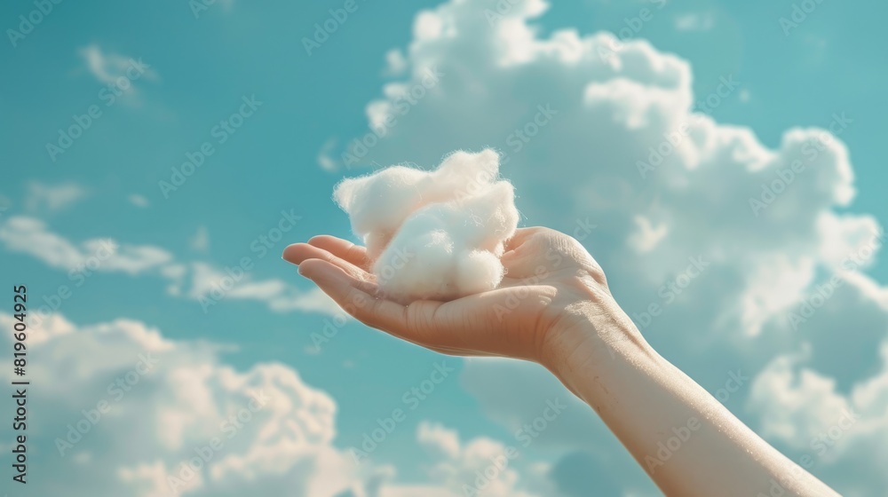 Hand In Sky. Woman Holding Cotton Wool in Blue Abstract Sky Background Hand In Sky. Woman Holding Cotton Wool in Blue Abstract Sky Background