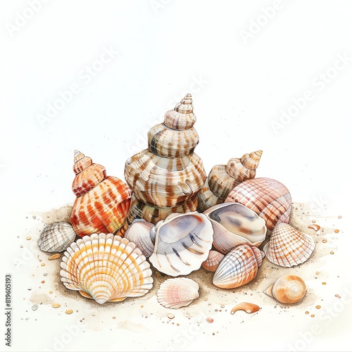 Minimalistic watercolor of a seashell collection on a sandy beach on a white background, cute and comical.