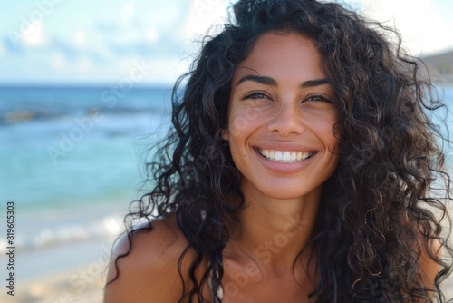 Beautiful Woman with Black Curly Hair Smiling at Beach. Portrait of Happiness © Web
