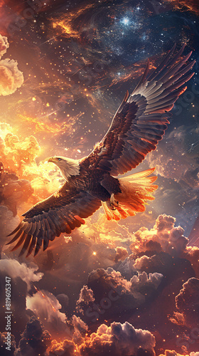A majestic eagle soaring through a vibrant cosmic sky filled with clouds and stars. © ikkilostd