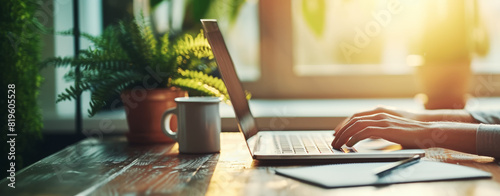 A person typing on a laptop with a coffee cup and notebook on a wooden table, warm sunlight. Generative AI photo