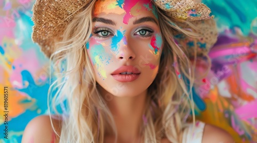 Portrait of blonde woman in hat and colorful body art woman
