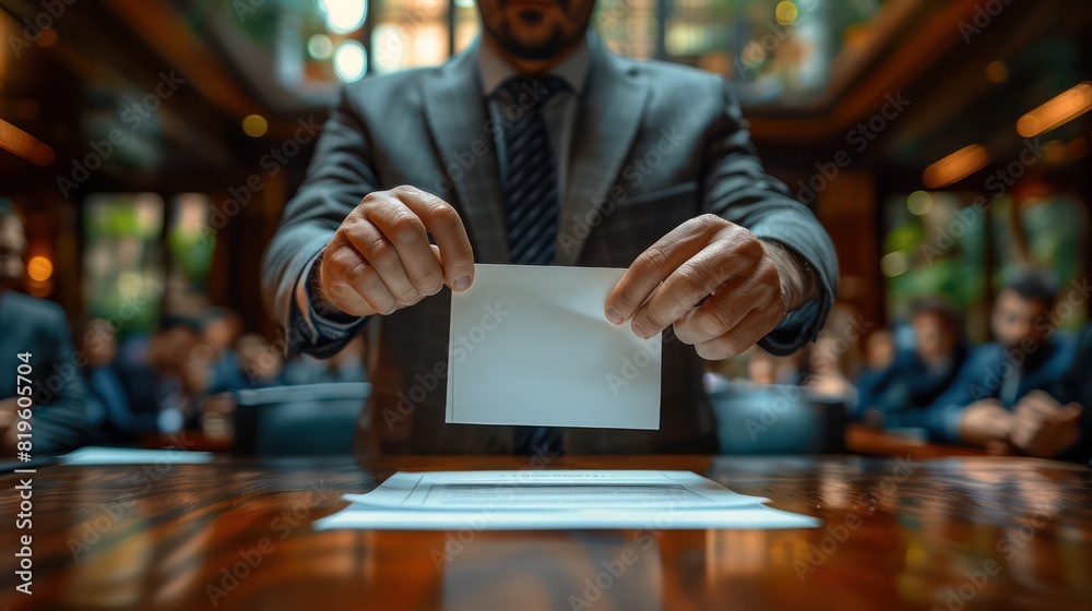 A Hand loaded ballots during the governance meeting. with emphasis on decision making A Hand loaded ballots during the governance meeting. with emphasis on decision making