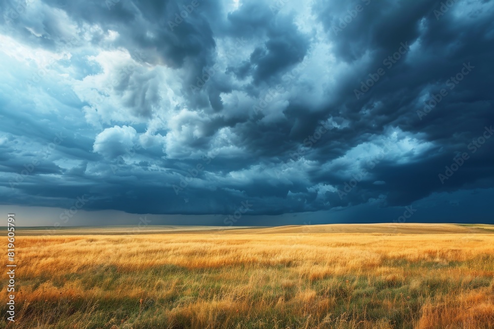 Fototapeta premium Expansive Golden Field Under Dramatic Sky
