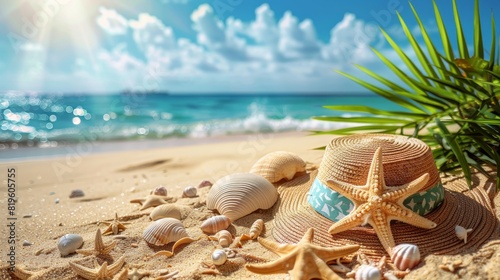 A beach scene with a straw hat and a starfish on the sand