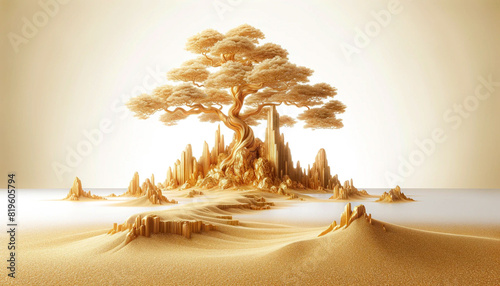 Abstract art traditional Chinese nature landscape scene an ancient tree on rocky mountains luxury style gold black and white tones on white background with copy space.