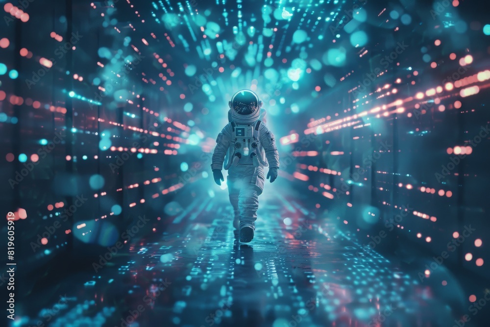 Fototapeta premium Star portal entry / 3D illustration of science fiction astronaut travelling through glowing virtual reality code
