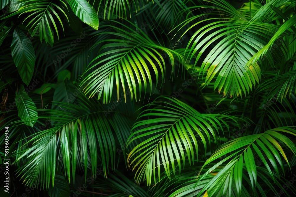 Green Palm Trees in Natural Environment with Lush Foliage and Isolated Leaves