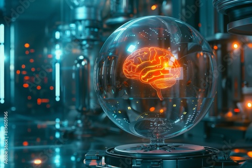 The brain pod / 3D illustration of science fiction scene showing glowing human brain inside complex futuristic glass globe computer machinery photo