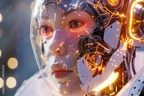The quantum zen queen / 3D illustration of female android hardwired to computer core photo
