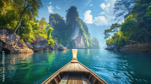 Famous Place. Spectacular Scenic Landscape at Khao Sok National Park, Thailand with Travelers on photo