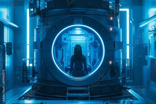 The woman clone pod / 3D illustration of science fiction scene showing human female figure in inside complex futuristic alien incubator cloning machinery 