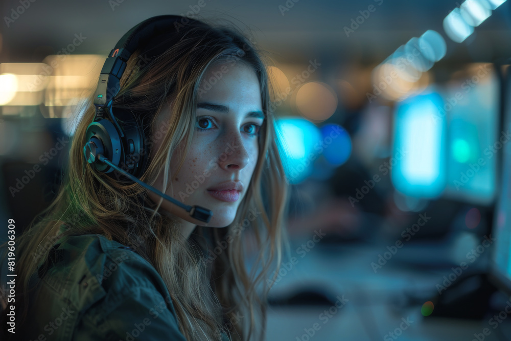 works as a teleoperator, large, bright office, blurred background, more teleoperators can be seen, glass-enclosed office. works as a teleoperator, large, bright office, blurred background, more teleoperators can be seen, glass-enclosed office.