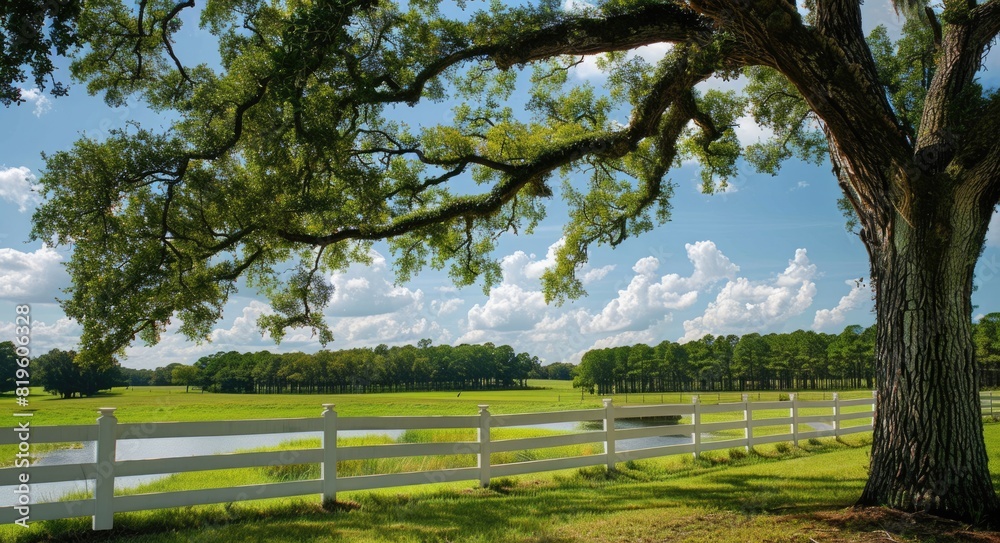 Land Trees. Green Pasture with Fence and Georgia Trees under Blue Sky