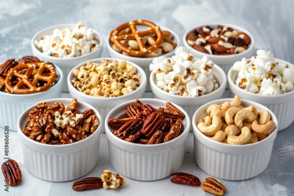 Bowls Of Snacks. Variety of Healthy Pretzel, Nut, Popcorn and Pecan in White Bowls