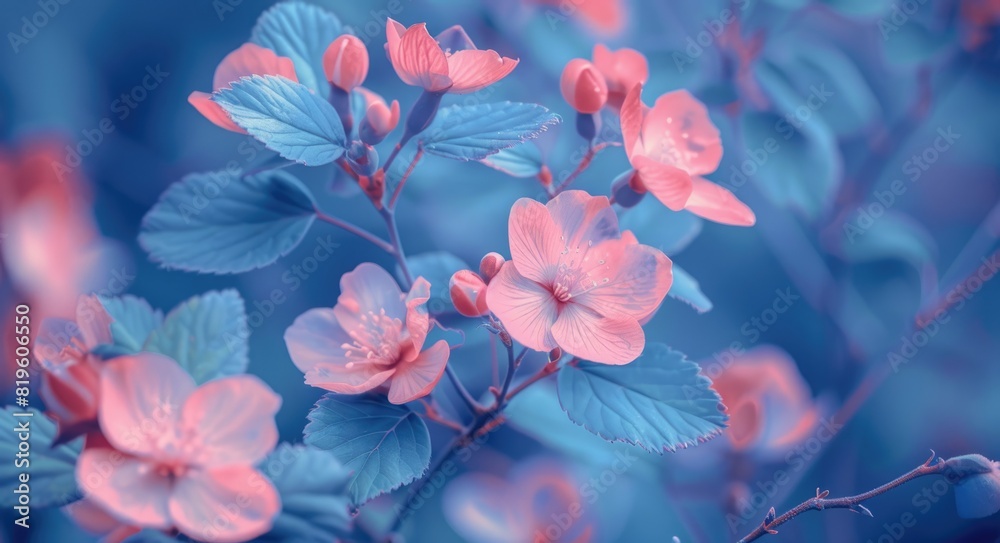 Blue And Pink Flowers. Pale Pink Forest Flowers Among Blue Leaves in a Meadow Blue And Pink Flowers. Pale Pink Forest Flowers Among Blue Leaves in a Meadow