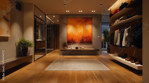 High-tech foyer featuring a smart home interface  stylish shoe rack  digital artwork.