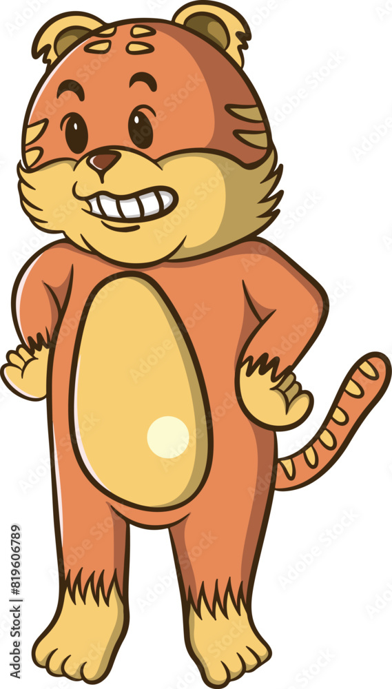 Obraz premium cute little tiger cartoon illustration design smiling ready to challenge.eps