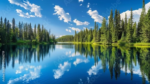 beautiful abstract nature background of lake surface reflecting spruce forest textures and blue sky photo