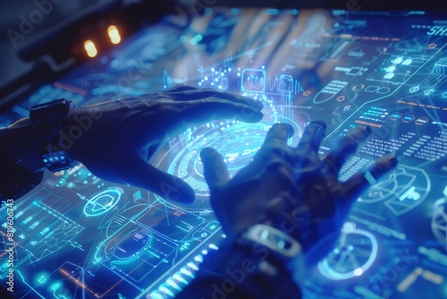 Businessman operating virtual hud interface and manipulating elements with robotic hand. Blue holographic screen artificial design concept 
