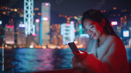 Young woman using smartphone against the iconic city skyline of Hong Kong by the promenade of Victoria Harbour at night, with the concept of 5G communications dissolved into light particles.