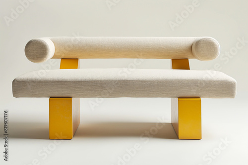 Elegant minimalist settee with cream upholstery and golden legs against a beige background