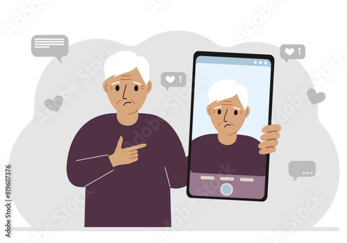 A male video blogger records or watches a video or photo on a smartphone. Various social media icons. Vector flat illustration