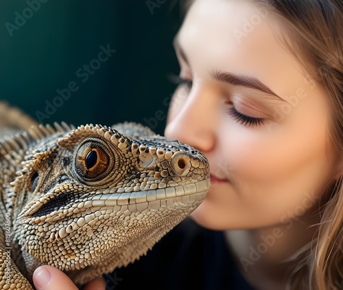 Woman holding bearded lizard indoors, closeup. Exotic pet generate ai 