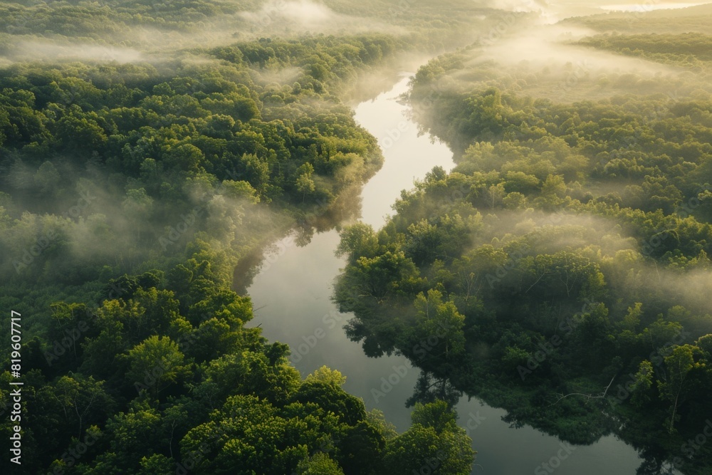 Foggy River in Dense Forest at Sunrise Foggy River in Dense Forest at Sunrise
