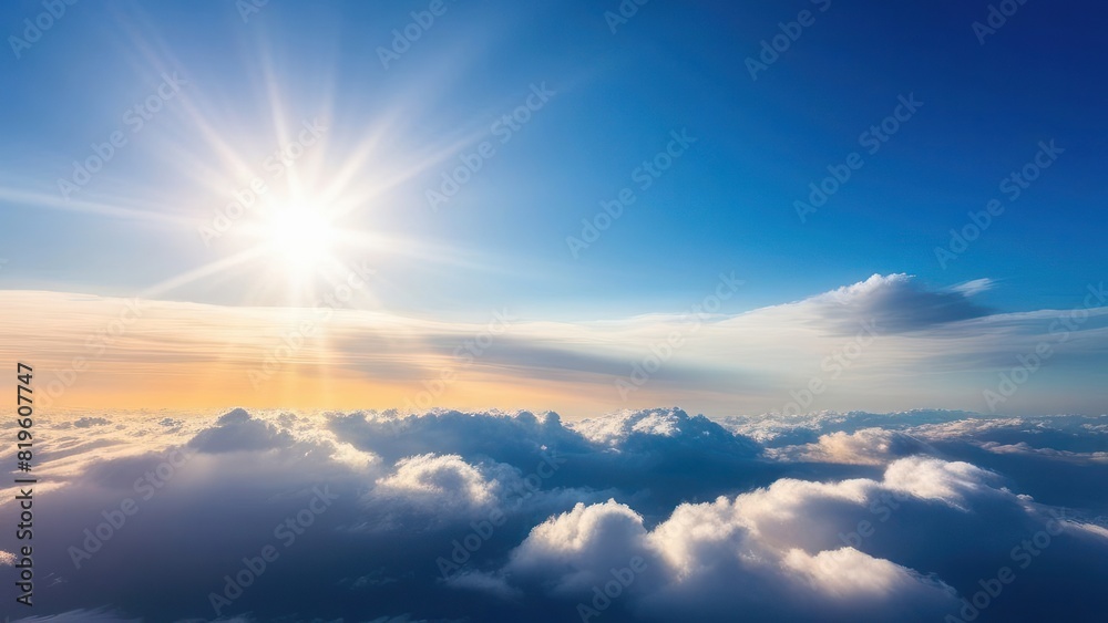 Obraz premium Flight high above the clouds during sunset or sunrise. Aspirations and climate background concept of heaven and heavenly space and freedom in colorful evening or morning panoramic cloudscape