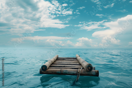 A simple wooden raft isolated in the ocean in nice weather