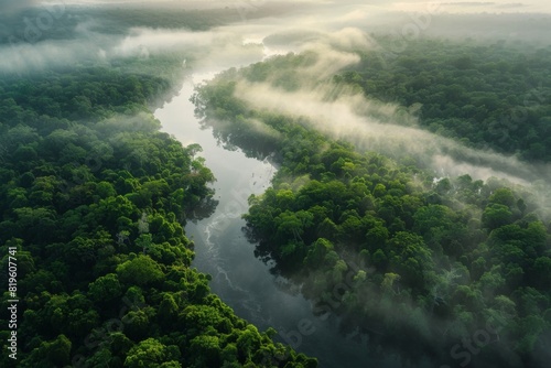 Foggy River in Dense Forest at Sunrise