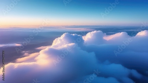 Flight high above the clouds. Cloudscape at sunset. Peach fuzz and blue colors