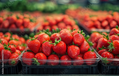 large piles of fresh strawberries on display at the market