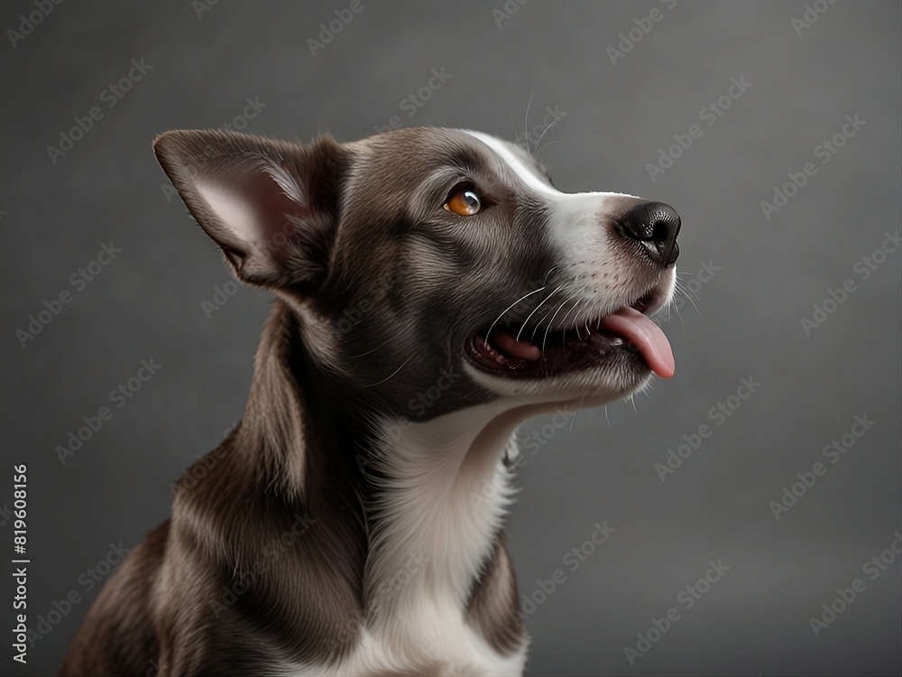 Cute Puppy licking nose on grey background. Cute Puppy licking nose on grey background.