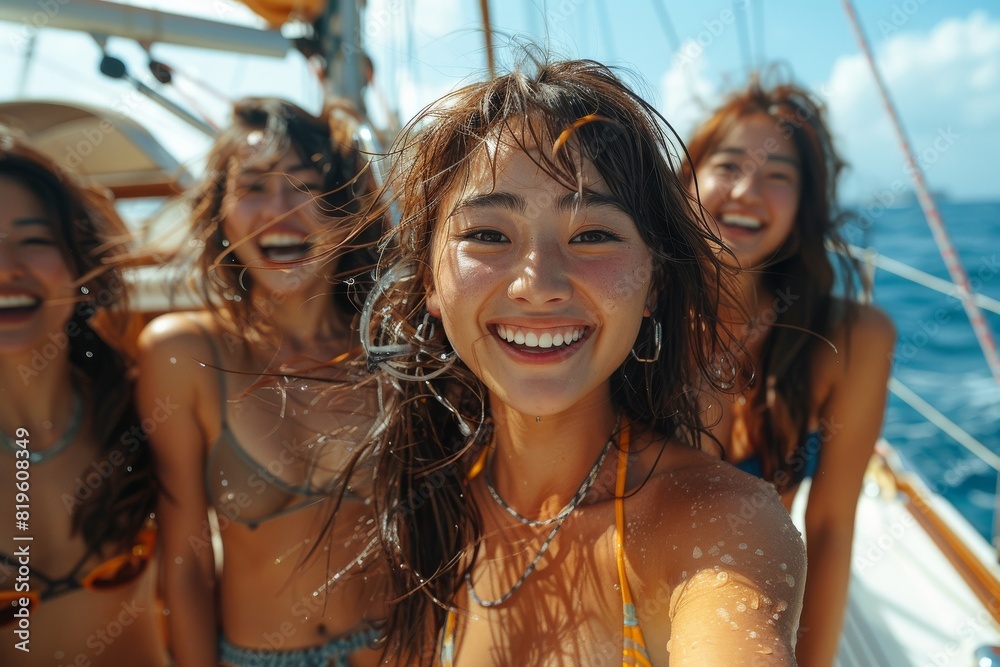 海でクルーズを楽しむ笑顔の日本人女性(水着・海水浴・バカンス) 海でクルーズを楽しむ笑顔の日本人女性(水着・海水浴・バカンス)